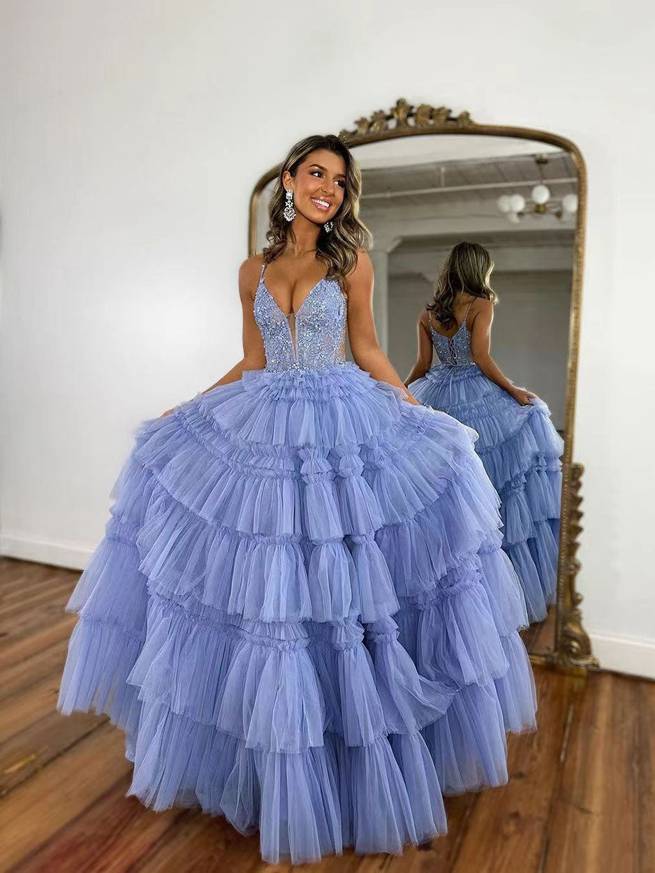 Abiti da sera formali da festa a strati in tulle con volant lunghi, abiti da ballo scintillanti da principessa