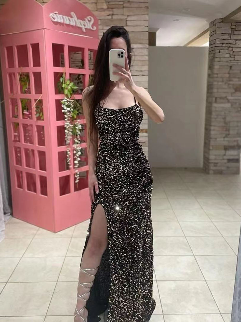Abito formale in velluto elasticizzato con paillettes, spalline sottili, abito da sera con spacco, abito lungo sexy