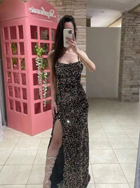 Abito formale in velluto elasticizzato con paillettes, spalline sottili, abito da sera con spacco, abito lungo sexy