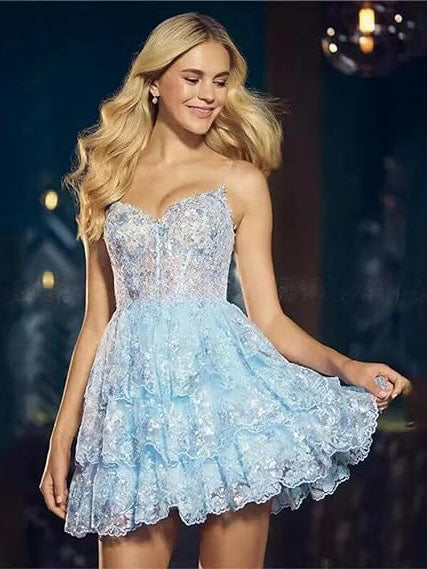 Robe de bal courte à bretelles spaghetti en dentelle à plusieurs niveaux pour adolescentes 2024 Robe de soirée à paillettes scintillantes Robe de cocktail
