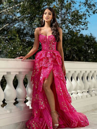 Robe de soirée fuchsia à paillettes et appliques en dentelle, bretelles spaghetti à plusieurs niveaux, robe de soirée de remise de diplôme, robe formelle fendue sur le côté