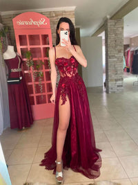 Tulle Long Prom Dresses Lace Appliques Spaghetti strap Party Dress Side Split Women Evening Gown