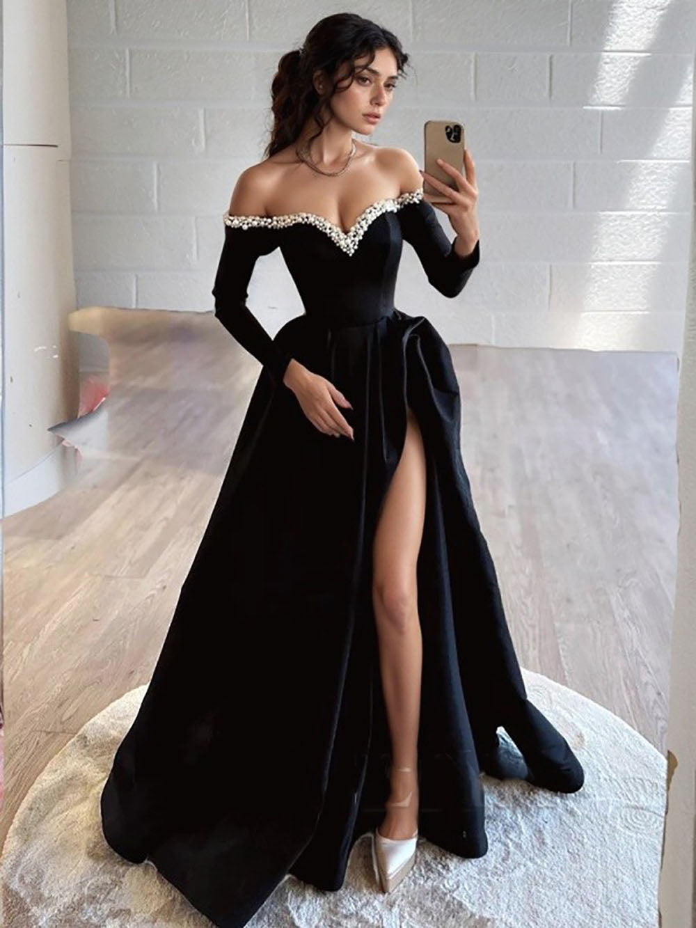 Elegant Black Off-Shoulder Satin Evening Gown with Pearl High Slit Formal Occasion Dress
