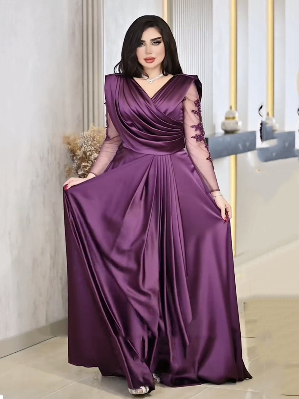Robe de soirée à col en V avec appliques et perles, manches longues, robe de soirée formelle