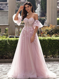 Vestido de Noite Elegante em Tule Ombros Descobertos Vestido de Festa Aplicações de Renda Floral Vestido de Baile Ms2503271
