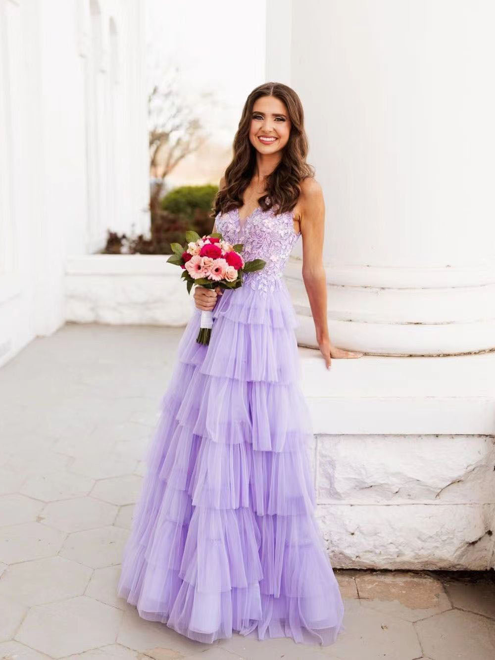 Lavender Tiered Tulle Women Long Evening Dresse Lace V neck Evening Pa – Msikoods Official Store Lavender Tiered Tulle Women Long Evening Dresse Lace V neck Evening Pa – Msikoods Official Store