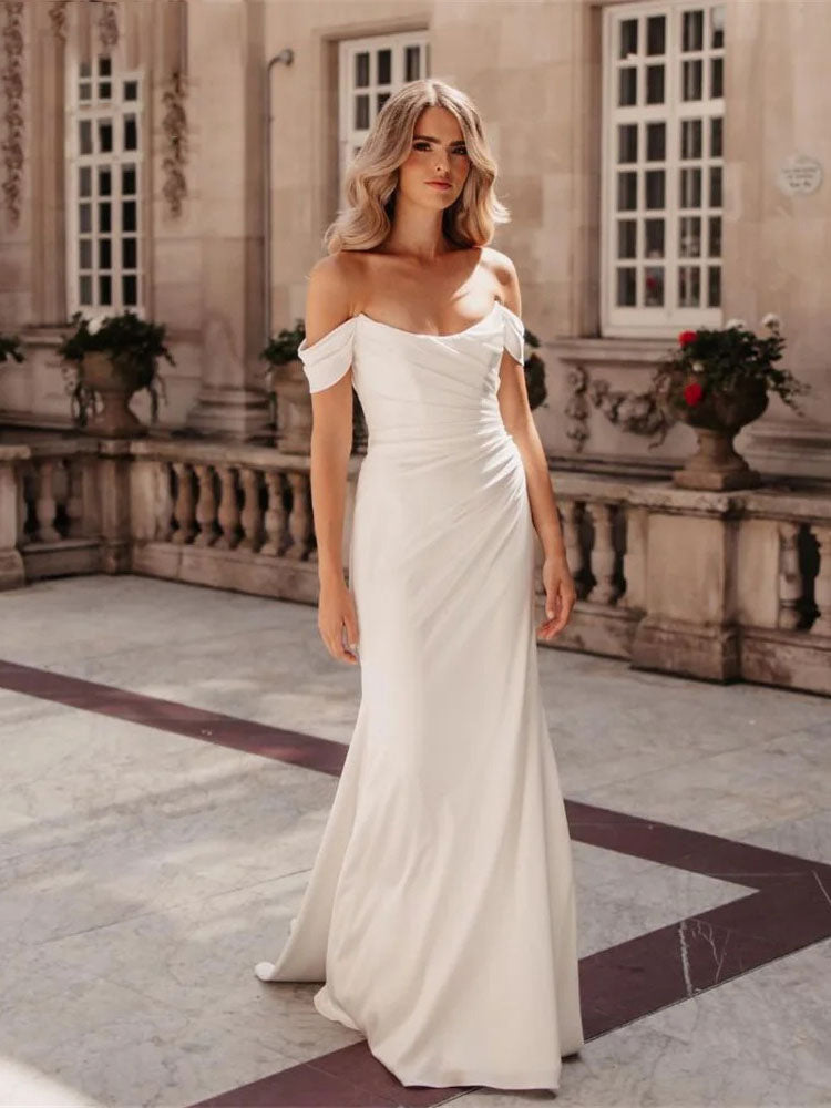 Elegant Mermaid Wedding Dresses Off The Shoulder Scoop Collar Open Back Crepe Bridal Gown