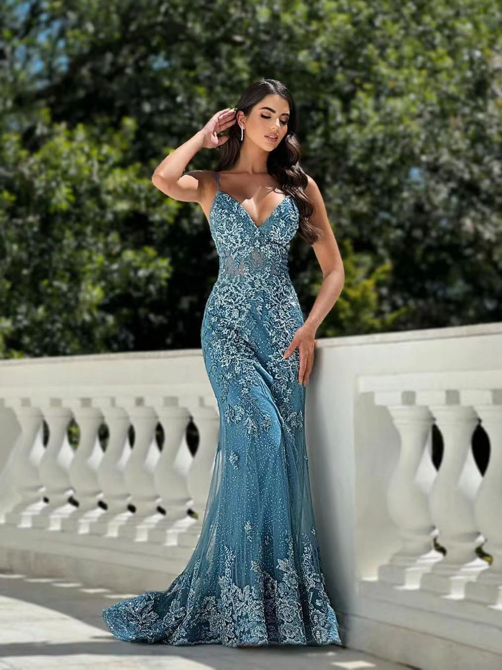 Lace Appliques Prom Dresses Spaghetti strap V Neck Formal Party Dress Msikoods Official Store Lace Appliques Prom Dresses Spaghetti strap V Neck Formal Party Dress Msikoods Official Store