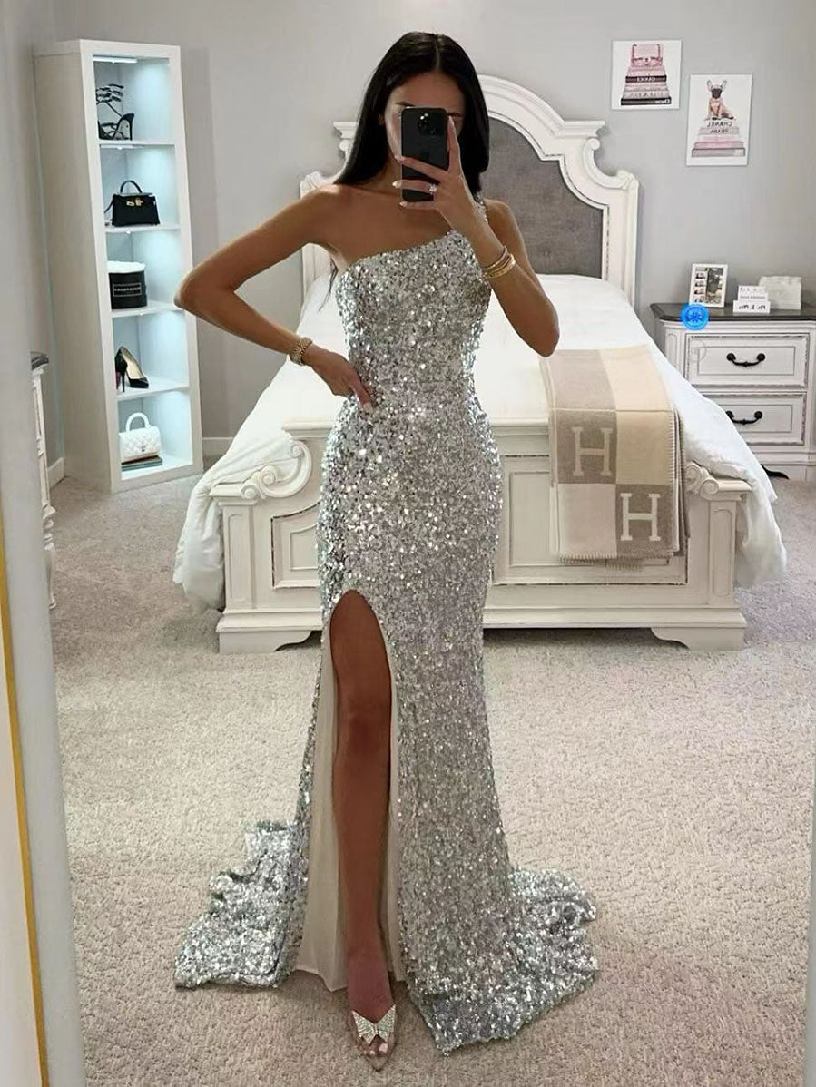 Pailletten One Shoulder Meerjungfrau Damen Abendkleid Seitlich geschlitztes Geburtstagskleid Partykleid