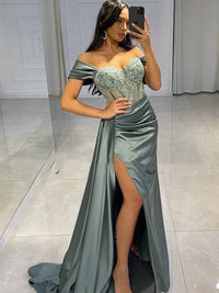Abiti da sera sexy lunghi con spalle scoperte, vestito da festa con applicazioni in pizzo, spacco alto, abito da ballo