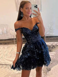 Vestidos de Volta a Casa com Lantejoulas Brilhantes 2025 para Adolescentes, Ombros Descobertos, Curto, em Camadas, com Renda, Vestidos de Baile, Vestido de Cocktail