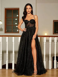 Spaghetti Strap Glitter Tulle Prom Dresses Slit Long Graduation Dress for Women Evening Party Gowns
