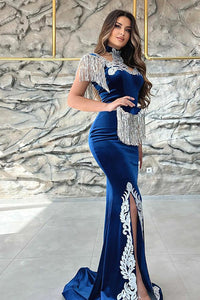 Robe de soirée élégante bleu royal avec dentelle brodée, robe de bal caftan, manches à franges, robe de soirée