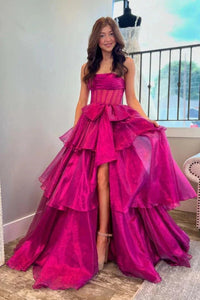 Abito da ballo arricciato con scollo a cuore, spacco alto, vestito da festa senza spalline, tulle ondulato a strati, abito da sera Ms2505062