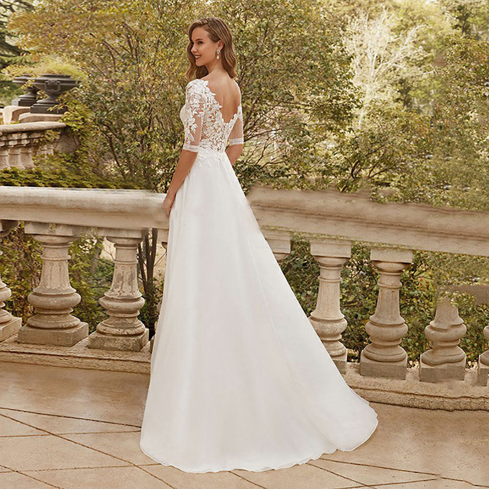 Half Sleeves Bridal Dress Lace Appliques Wedding Dress Chiffon Train Ms250601