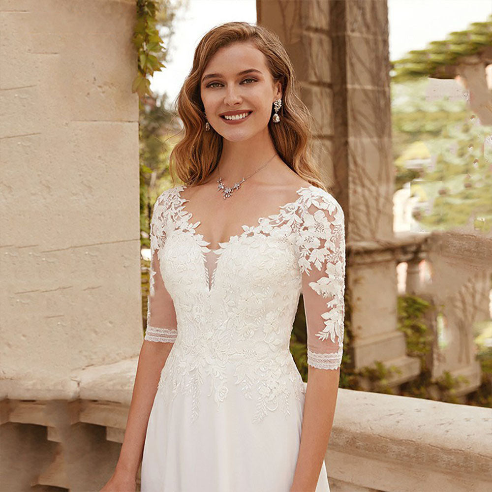 Half Sleeves Bridal Dress Lace Appliques Wedding Dress Chiffon Train Ms250601