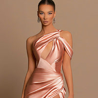 Elegant Satin One Shoulder Mermaid Evening Gown High Slit Ruched Formal Party Dress Ms2503152