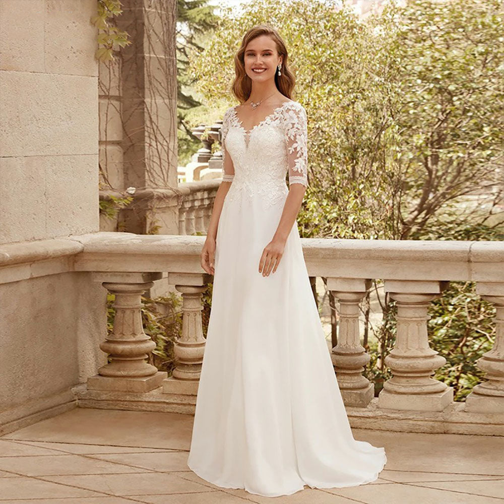 Half Sleeves Bridal Dress Lace Appliques Wedding Dress Chiffon Train Ms250601