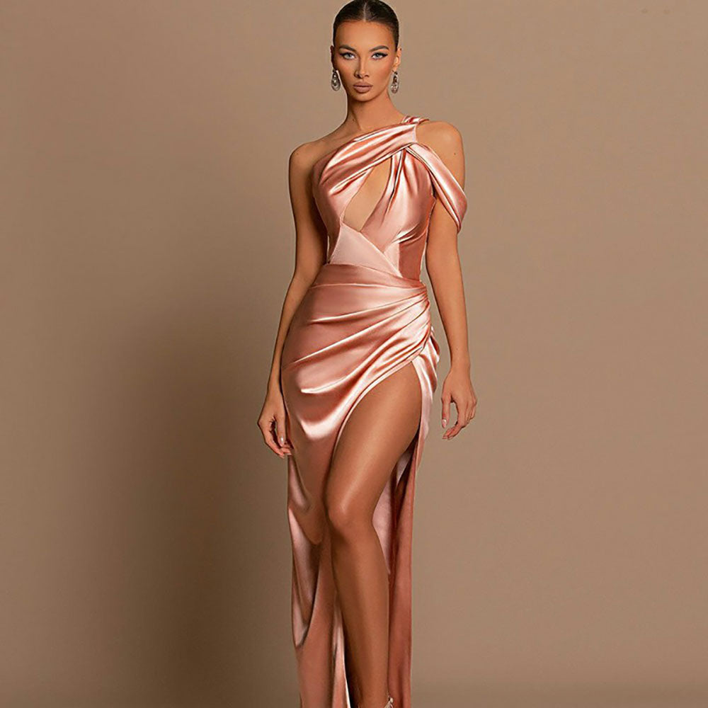 Elegant Satin One Shoulder Mermaid Evening Gown High Slit Ruched Formal Party Dress Ms2503152