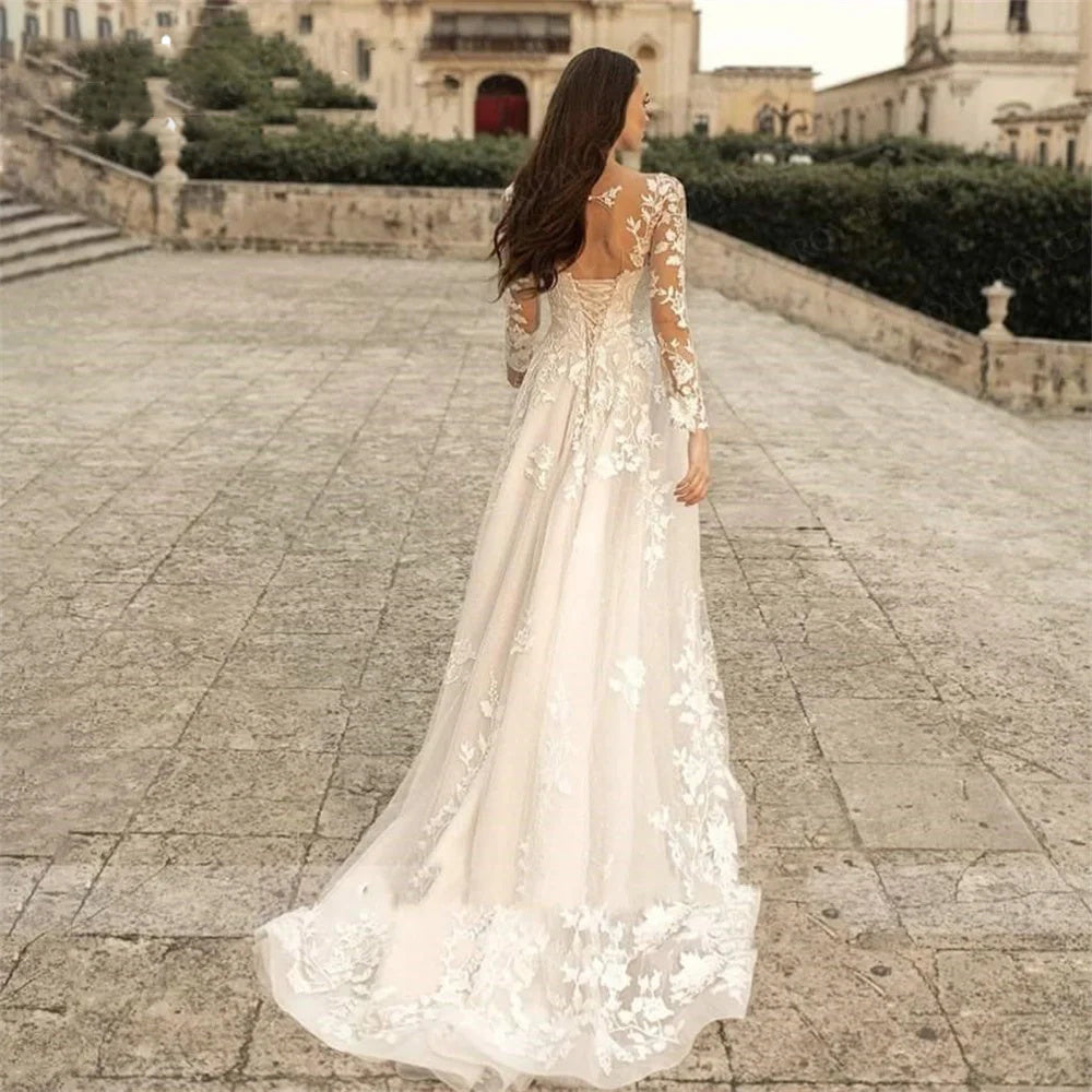 Luxury Wedding Dress llusion Long Sleeves Lace Applique Bridal Dress Ms2503151