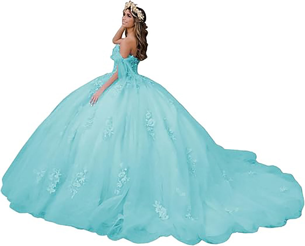 Damen Quinceanera-Kleider aus Spitze, Ballkleid, schulterfrei, Prinzessinnen-Ballkleider mit Schleppe, bauschige Sweet 16-Kleider