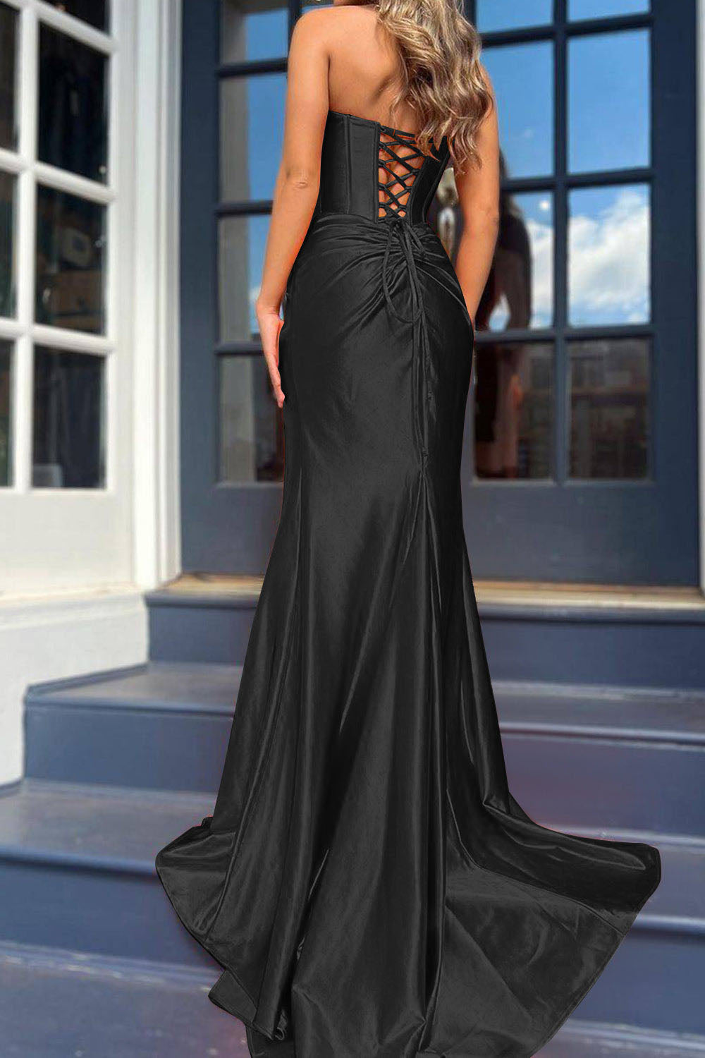 Orange Satin Evening Gown Strapless Corset High Slit Long Prom Dress Ms2509051