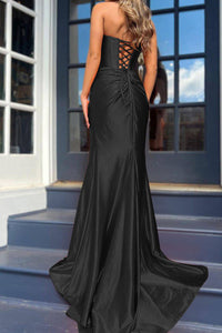 Orange Satin Evening Gown Strapless Corset High Slit Long Prom Dress Ms2509051