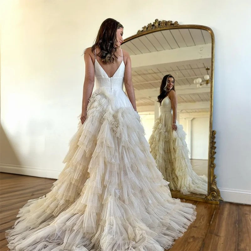 Robe de soirée sexy à bretelles spaghetti, robe de bal, col en V, jupe à volants superposée, robe de bal, robe de remise de diplôme en tulle pailleté