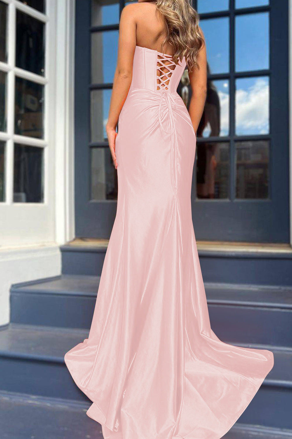 Orange Satin Evening Gown Strapless Corset High Slit Long Prom Dress Ms2509051