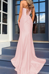 Orange Satin Evening Gown Strapless Corset High Slit Long Prom Dress Ms2509051