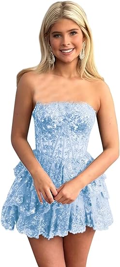 Mini robe de soirée sexy sans bretelles en dentelle avec appliques, robe de cocktail à plusieurs niveaux, robe de bal, robe de soirée