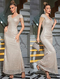Vestido Formal de Noite para Mulher com Decote em V, Lantejoulas, Contas, Tassel, Manga Curta, Estilo Sereia, Vestido de Baile 2024, Vestido Maxi para Festa
