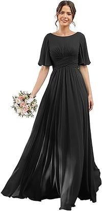 Vestido de Dama de Honra para Mulheres com Mangas de Folha em Chiffon Vestido de Noite para Festa de Casamento