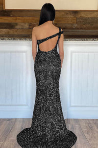 Robe de soirée longue à paillettes asymétrique avec fente et paillettes