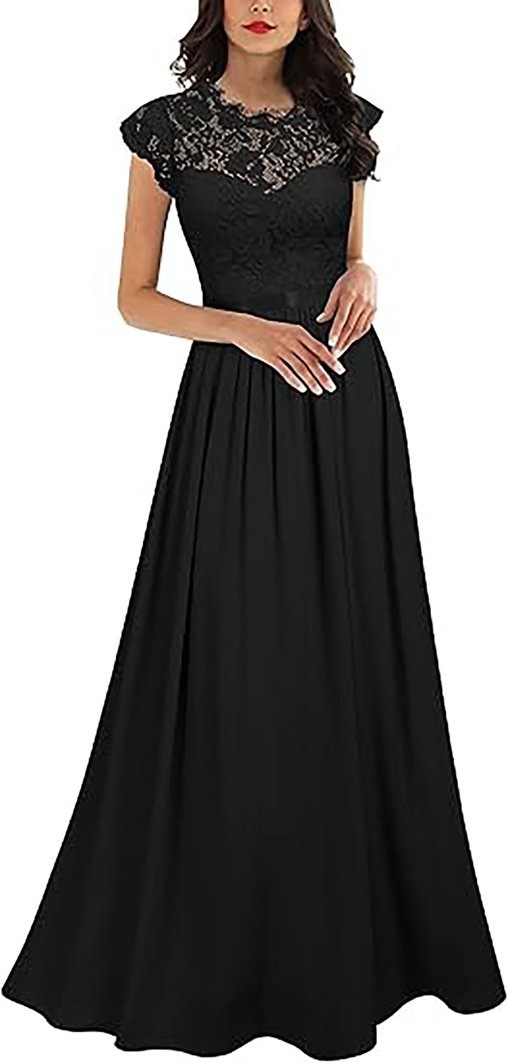 Vestito da festa elegante da donna con scollo a V, maniche a cappuccio e spacco alto in pizzo nero