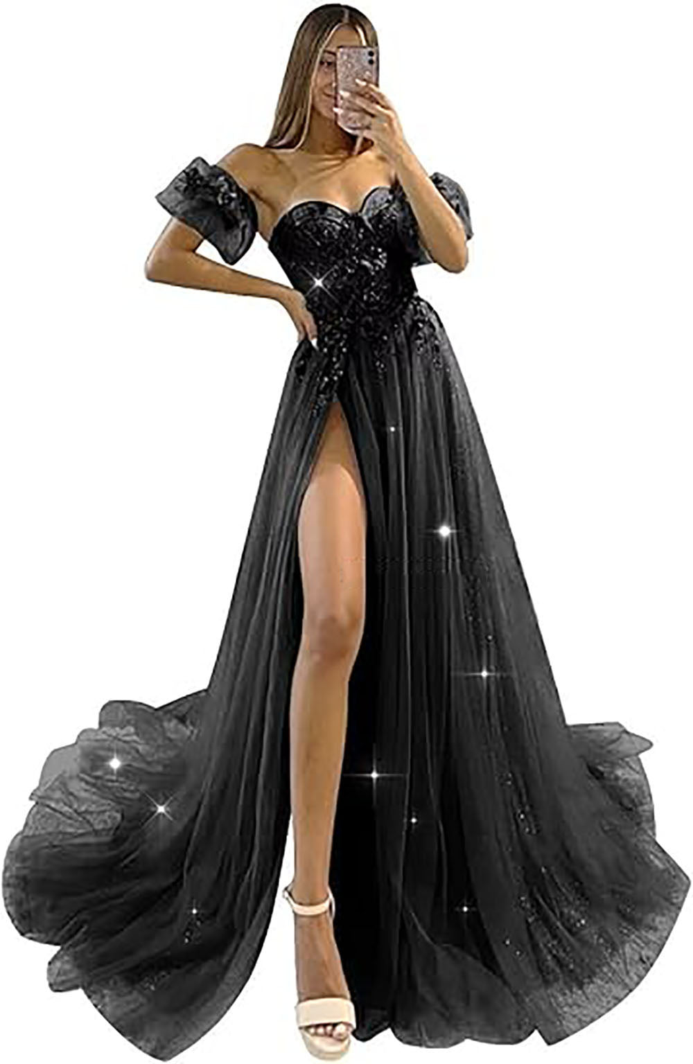 Abiti da sera in tulle glitterato con maniche 2024, scollo a cuore a spalle scoperte, fiori 3D, abiti da festa con spacco
