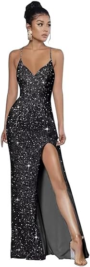 Abiti da sera formali con spalline sottili, paillettes, scollo a V, stile sirena, con spacco, abito da festa scintillante