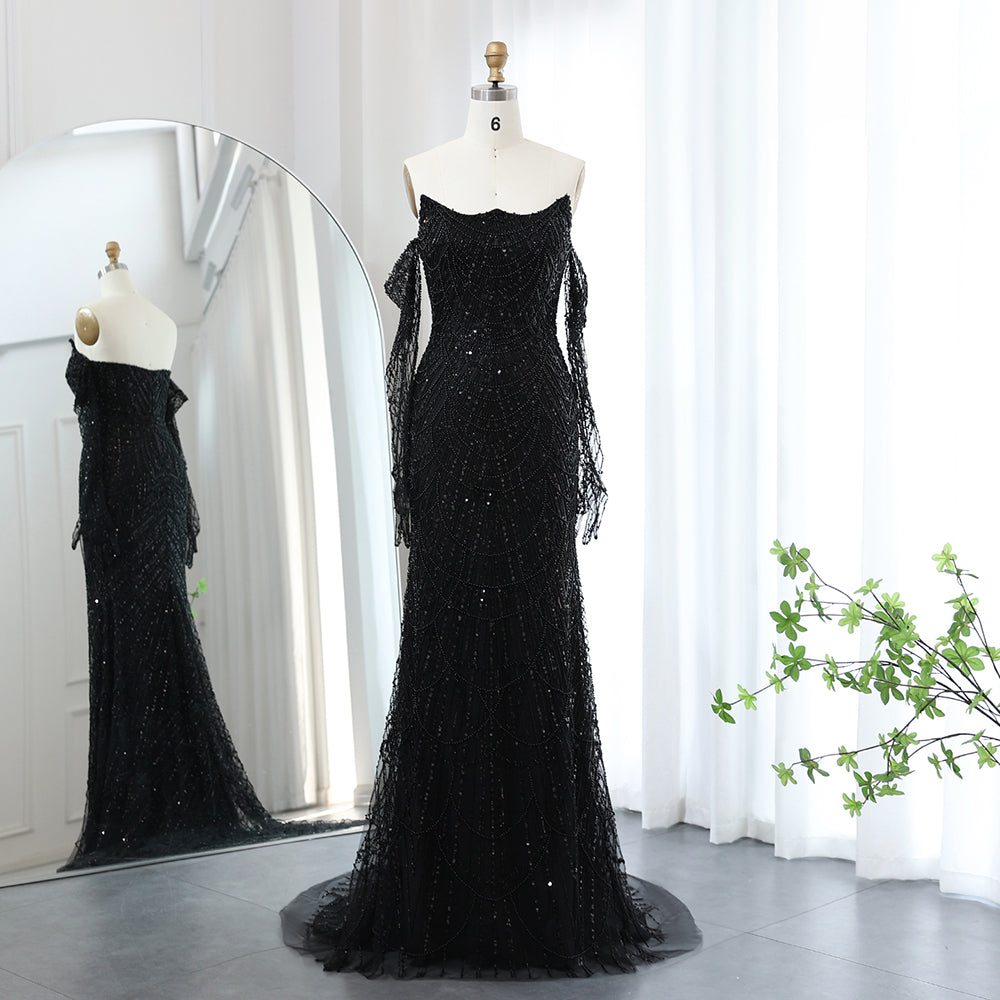 Vestidos de Noite de Sereia de Luxo com Luvas, Bordados e Lantejoulas, Vestido de Baile para Mulheres, Vestidos de Festa