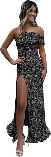 Abito da festa da donna monospalla a sirena, abito da ballo con paillettes scintillanti, abito da sera formale con spacco