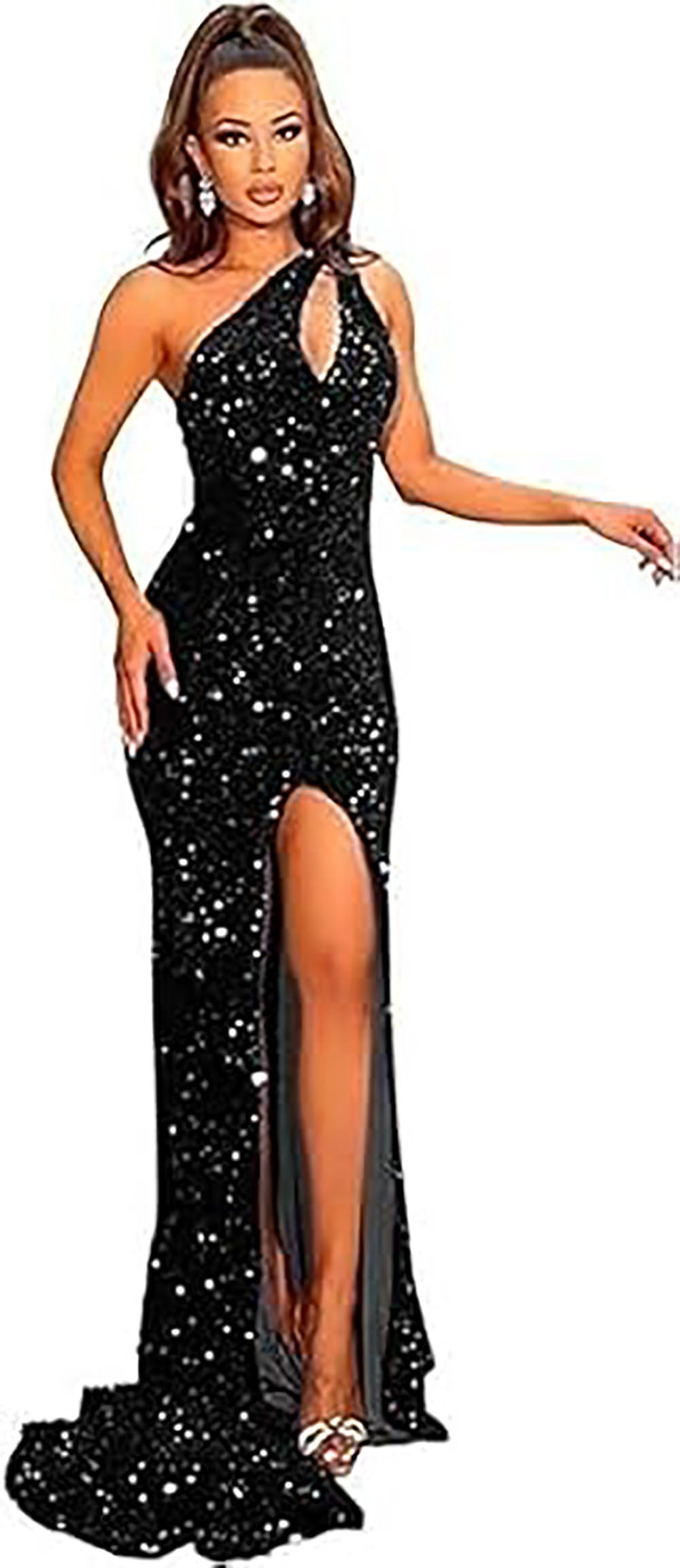 Abiti da sera lunghi da festa con paillettes su una spalla, spacco, glitter, stile sirena formale