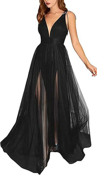 Abiti da sera lunghi formali da donna con spalline sottili, linea ad A, in tulle