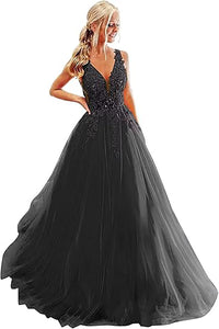 Abiti da sera lunghi con scollo a V in tulle e pizzo per matrimoni e feste, con applicazioni, abito per compleanno