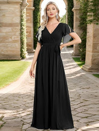 Abito da damigella con scollo a V, maniche a volant, arricciato, da festa, lungo fino al pavimento, in chiffon, abito formale