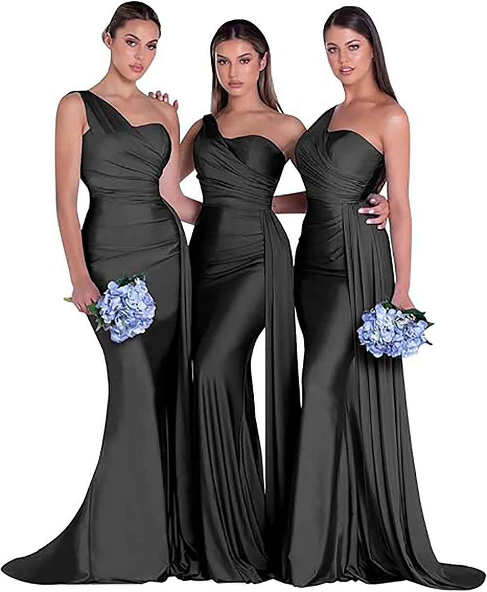 Elegante abito da damigella in raso monospalla lungo con arricciature, abito da sera formale Ms2503082