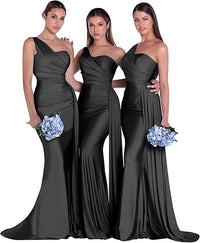 Elegante abito da damigella in raso monospalla lungo con arricciature, abito da sera formale Ms2503082