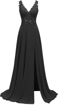 Abiti da damigella d'onore da donna lunghi in chiffon con spacco, abiti semi-formali a linea ad A con scollo a V e schiena scoperta, abiti da sera per matrimoni