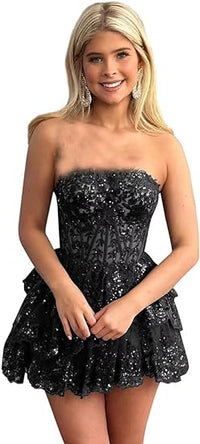 Mini robe de soirée sexy sans bretelles en dentelle avec appliques, robe de cocktail à plusieurs niveaux, robe de bal, robe de soirée