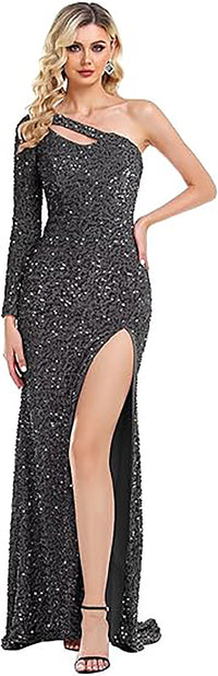 Vestido de Festa com Lantejoulas, Uma Manga, Ombro Só, Vestido de Baile Feminino Brilhante, Vestido de Cocktail para Noite