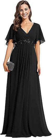 Abito da madre in chiffon con maniche svolazzanti, pizzo, vita decorata con perline, abito formale per festa di matrimonio