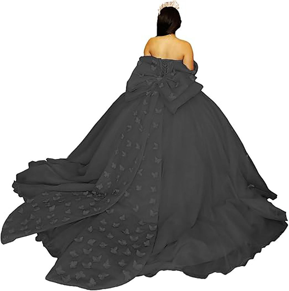 Vestidos de Quinceanera Butterfly com Laço Vestido de Baile Fofo Sweet 16 com Cauda Vestido de Quince Ombro a Ombro